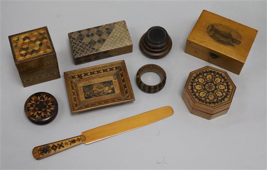 Tunbridgeware: Two boxes, napkin ring, tray and other woodwares